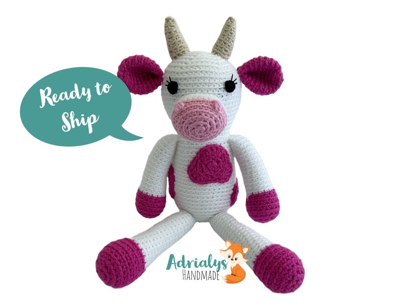 Crochet Pink Cow Stuffed Cow Cow Plush Farm Animals Barn Animals Handmade Cow Crochet Toy-Amigurumi Ready to Ship image 1