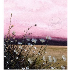 Watercolor landscape meadow flowers gouache peaceful pink pretty sunset sky painting artwork art small bordered 5x7 print by perriewinkles