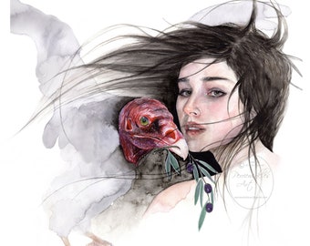 Symbolic Art, Bird Art, Vulture, Dark Art, Portrait, Expressive Art, Fine Art, Girls Portrait,Fine Art, Print, Fine art Print, Perriewinkles