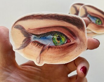 Weird stickers eye fish sticker vinyl waterproof art realistic drawing watercolor painting unusual artist stickers handmade by perriewinkles