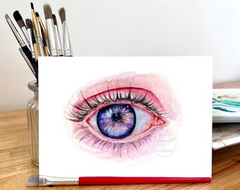 Human eye drawing painting fantasy galaxy cute science fiction space stars syfy astronomy watercolor artwork fine art print by perriewinkles