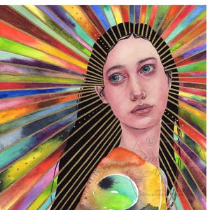 Abstract portrait watercolor rainbow colorful symbolic art surreal unusual weird paintings 8x10 11x14 ooak fine art print by Perriewinkles