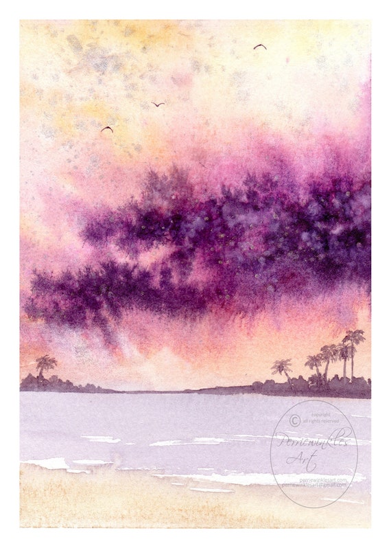 Watercolor Landscape Abstract Storm Sunset Topical Seascape