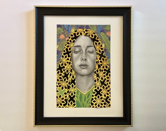 Original painting - NOT a print, colorful art artwork surreal abstract realism girl portrait gouache plant gold watercolor by Perriewinkles