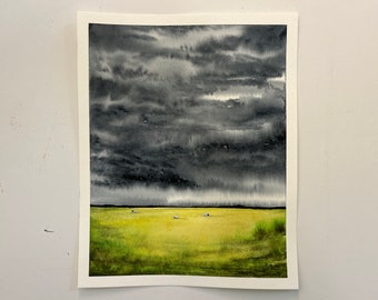Original painting - NOT a print, watercolor landscape sheep cloudy storm sky serene peaceful farm painting artwork ooak art by Perriewinkles