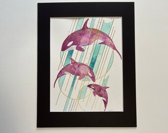 Original painting - Not a print, modern contemporary geometric abstract watercolor art whale orca killer whale 9x12 11x14 by perriewinkles