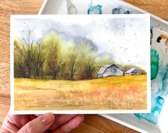 Watercolor landscape farm rural ranch house farming country calf calves bull cute sky painting artwork art 9x12 5x7 print perriewinkles