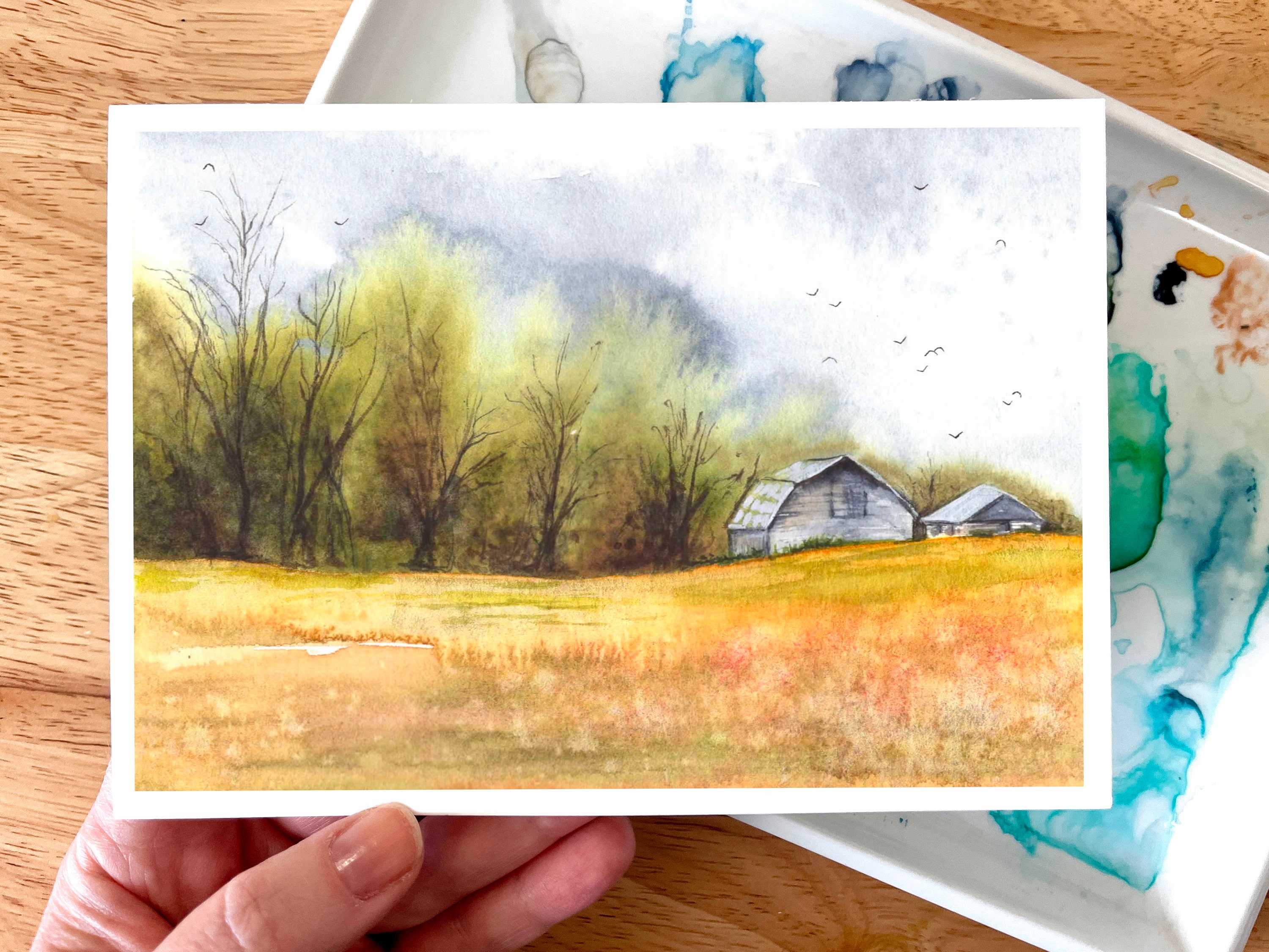 Watercolor Landscape Farm Rural Ranch House Farming Country