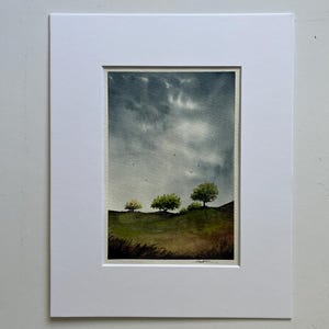 Original watercolor - NOT a Print artwork landscape clouds trees field sky sunset meadow gift ooak matted 5x7 8x10 small art perriewinkles