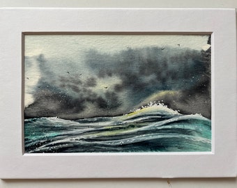 Original watercolor - NOT a Print artwork landscape seascape oceanscape waves sea beach gift matted 5x7 4x6  miniature art perriewinkles