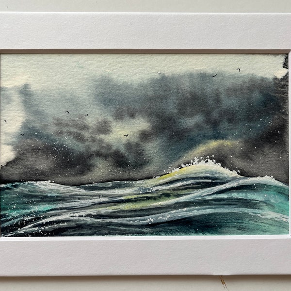 Original watercolor - NOT a Print artwork landscape seascape oceanscape waves sea beach gift matted 5x7 4x6  miniature art perriewinkles