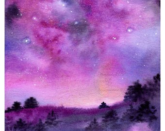 Watercolor Landscape Galaxy Night Purple Sunset Clouds