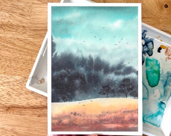 Watercolor Landscape Meadow Water Trees Pond Birds Cloudy Clouds