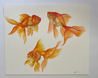 Original painting - NOT a print realistic watercolor fish fishing goldfish aquarium animal aquatic artwork ooak handmade art Perriewinkles