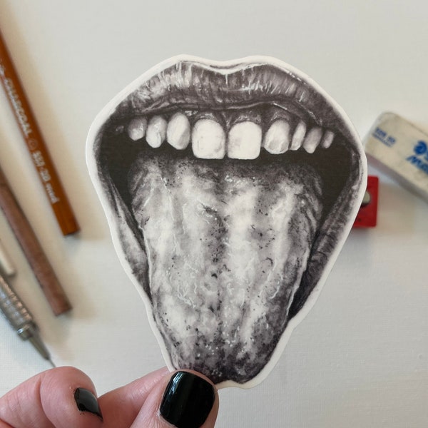 Mouth Lips vinyl waterproof art sticker realistic tongue drawing watercolor painting weird unique artist stickers handmade by perriewinkles