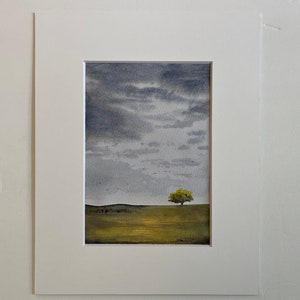 Original watercolor - NOT a Print artwork landscape clouds trees field sky sunset meadow gift ooak matted 5x7 8x10 small art perriewinkles