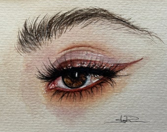 Original watercolor - NOT a Print artwork realistic watercolor eye human eyeball pretty small ooak art gift matted 5x7 4x6 perriewinkles