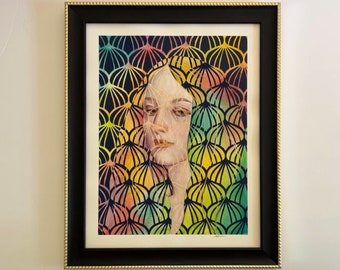 Original painting - NOT a print, colorful art artwork surreal abstract realism girl weird portrait  rainbow gold watercolor by Perriewinkles