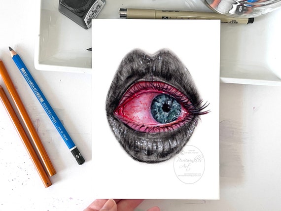 Weird Surrealist Eye Mouth Drawing Painting Sad Crying Creepy - Etsy
