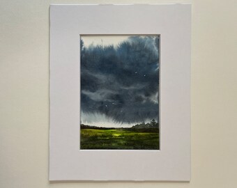 Original watercolor - NOT a Print, artwork landscape storm clouds North Carolina nc gift wrapped matted 5x7 8x10 small art perriewinkles