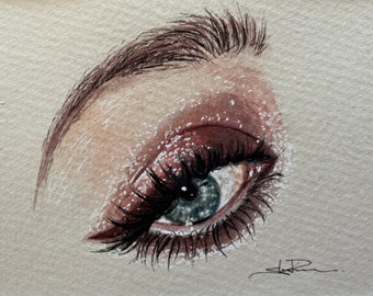 Original watercolor - NOT a Print artwork realistic watercolor eye human eyeball pretty small ooak art gift matted 5x7 4x6 perriewinkles