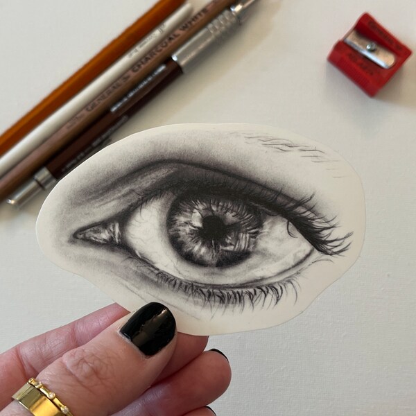 Human eye vinyl waterproof art sticker realistic drawing black and white charcoal drawing unique artist stickers handmade by perriewinkles