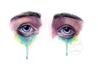 Human eyes drawing painting fantasy sad crying dripping tears modern contemporary colorful watercolor artwork fine art print perriewinkles