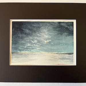 Original watercolor - NOT a Print artwork landscape clouds trees field sky sunset meadow gift ooak matted 5x7 8x10 small art perriewinkles