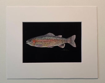 Original Painting -not a print real watercolor rainbow trout fish fishing artwork affordable gift matted 5x7 8x10 small art perriewinkles