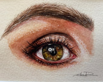 Original watercolor - NOT a Print artwork realistic watercolor eye human eyeball pretty small ooak art gift matted 5x7 4x6 perriewinkles