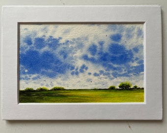 Original watercolor - NOT a Print artwork landscape clouds trees field sky sunset meadow gift matted 5x7 4x6  miniature art perriewinkles
