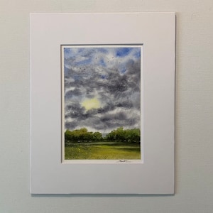 Original watercolor - NOT a Print artwork landscape clouds trees field sky sunset meadow gift ooak matted 5x7 8x10 small art perriewinkles