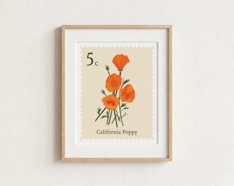 California Poppy Stamp, 8x10 Wall Art Print, Vintage-Inspired Decor, Digital Download