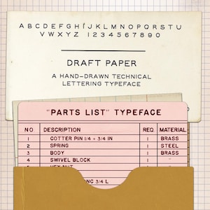 May include: A retro image showcasing typography and a parts list. The top card displays the alphabet and numbers. Below, a card reads "DRAFT PAPER" and describes a hand-drawn typeface. A pink card lists parts with descriptions and materials.