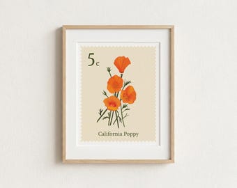 California Poppy Stamp, 16x20 Wall Art Print, Vintage-Inspired Decor, Digital Download
