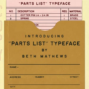 May include: A vintage-style design featuring a pink and tan color scheme. The design includes a parts list with descriptions like "Cotter Pin" and "Spring," along with the text "Introducing 'Parts List' Typeface by Beth Mathews."