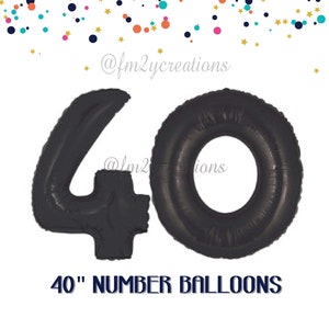 May include: Two black 40 inch number balloons, one for the number 4 and one for the number 0. The balloons are against a white background with confetti in various colors.