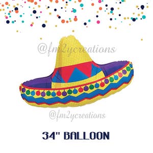 May include: A 34-inch yellow, blue, red, and green sombrero balloon. The balloon is shaped like a traditional Mexican hat.