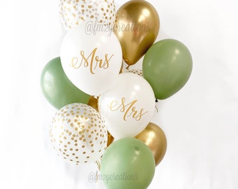 GREEN and Gold Mrs Balloons | Bridal Shower | Light Green Engagement Party Balloons | Mr and Mrs Gold Wedding Balloons | Sage Bridal Shower