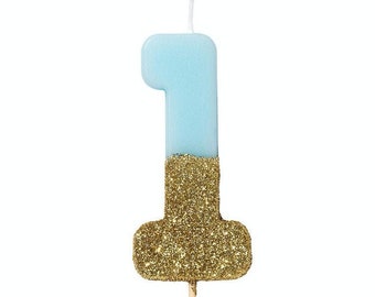 First Birthday BLUE Number ONE Candle | BLUE and Gold | 1st Birthday Blue Birthday Cake Candle | Gold Glitter 1 Candle | Birthday Cake