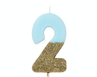 BLUE Number TWO Candle | 2ND Blue Birthday | Blue and Gold Second Birthday Candle | Gold Glitter 2 Candle | 20th Birthday Cake Mermaid Party