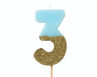 Numéro TROIS bougie bleue | 3E anniversaire Bleu et Or | TROISIÈME bougie d’anniversaire bleue | Gold Glitter 3 Bougies | Gâteau d’anniversaire de sirène