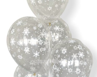 Könnte beinhalten: Eine Ansammlung klarer Ballons mit weißen Schneeflockenmustern. Die Ballons sind aufgeblasen und scheinen aus einem transparenten Material zu bestehen. Die Ballons sind zusammengefasst und bilden eine festliche und dekorative Anordnung.
