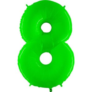 May include: A bright green number eight balloon. The balloon is inflated and ready to be used for a party or celebration.