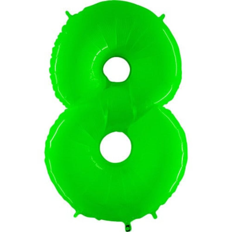May include: A bright green number eight balloon. The balloon is inflated and ready to be used for a party or celebration.