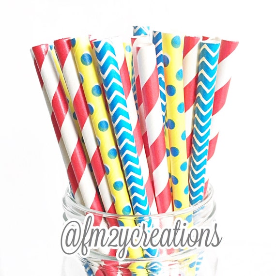 Snow White Birthday | Paper Straws | Snow White Party Decorations | Drinking Straws | Red Blue Yellow Paper Straws | Princess Birthday Il_570xn