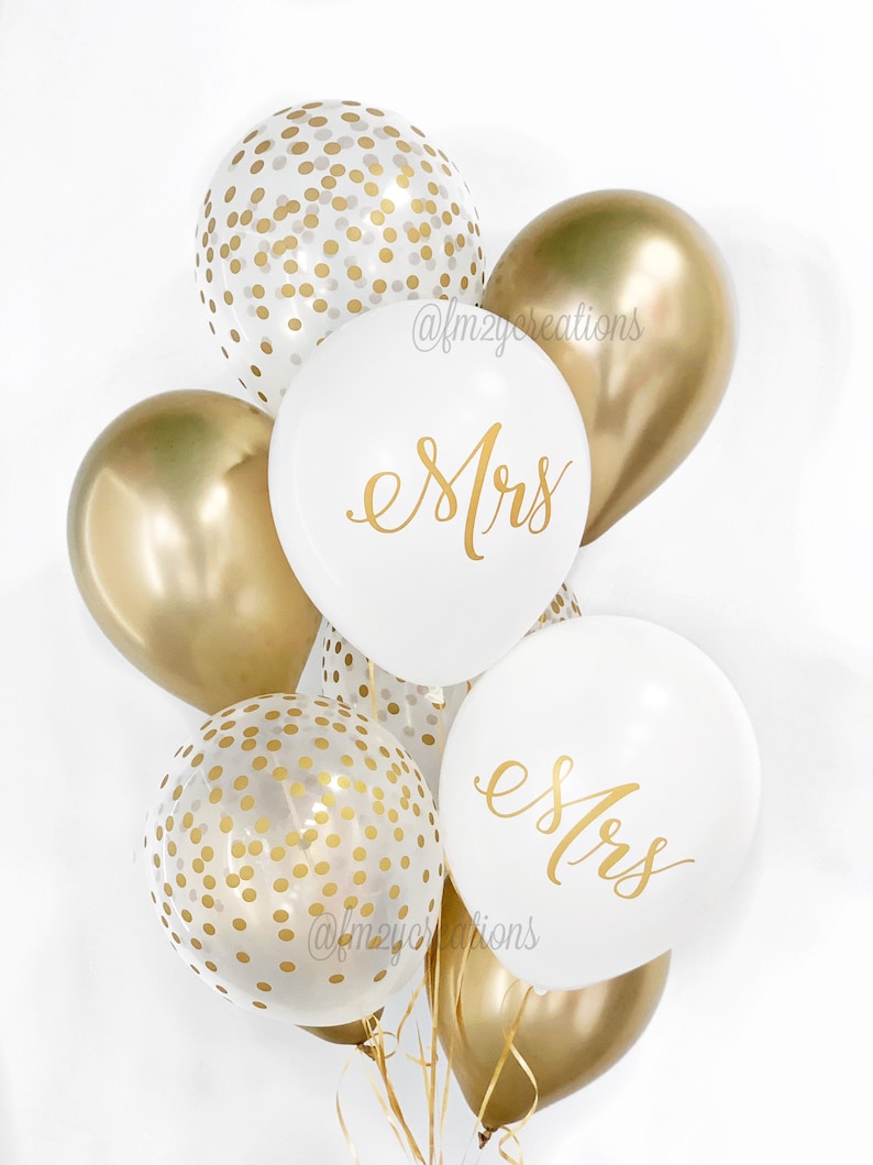 Mrs Balloons Gold and White Bridal Shower Engagement Party Balloons Mr and Mrs Balloons Gold Wedding Balloons Gold Confetti Balloons image 2