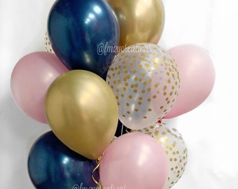 Globos azul marino y rosa, decoración para despedida de soltera, globos para baby shower de niña, rosa pálido y azul, fiesta de cumpleaños, azul marino, rosa, dorado, boda
