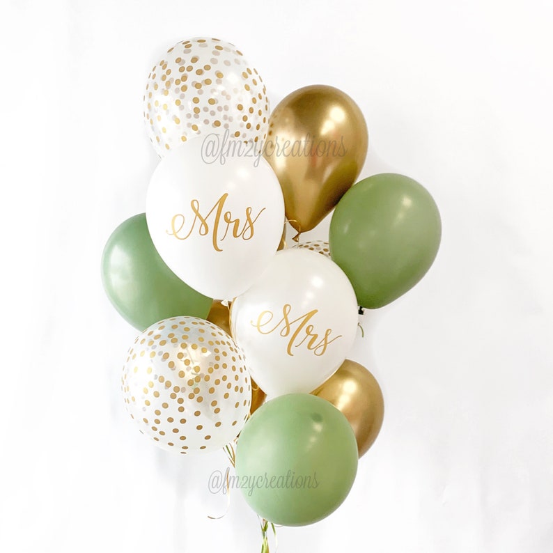 GREEN and Gold Mrs Balloons Bridal Shower Light Green Engagement Party Balloons Mr and Mrs Gold Wedding Balloons Sage Bridal Shower image 1