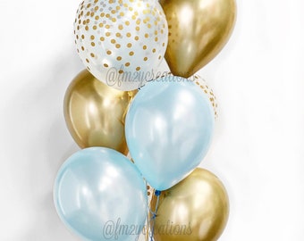 BLUE AND GOLD Balloons | Boy Baby Shower Decor | Birthday Party Balloons | Blue Graduation Balloons | Light Blue Bridal Shower Wedding Decor